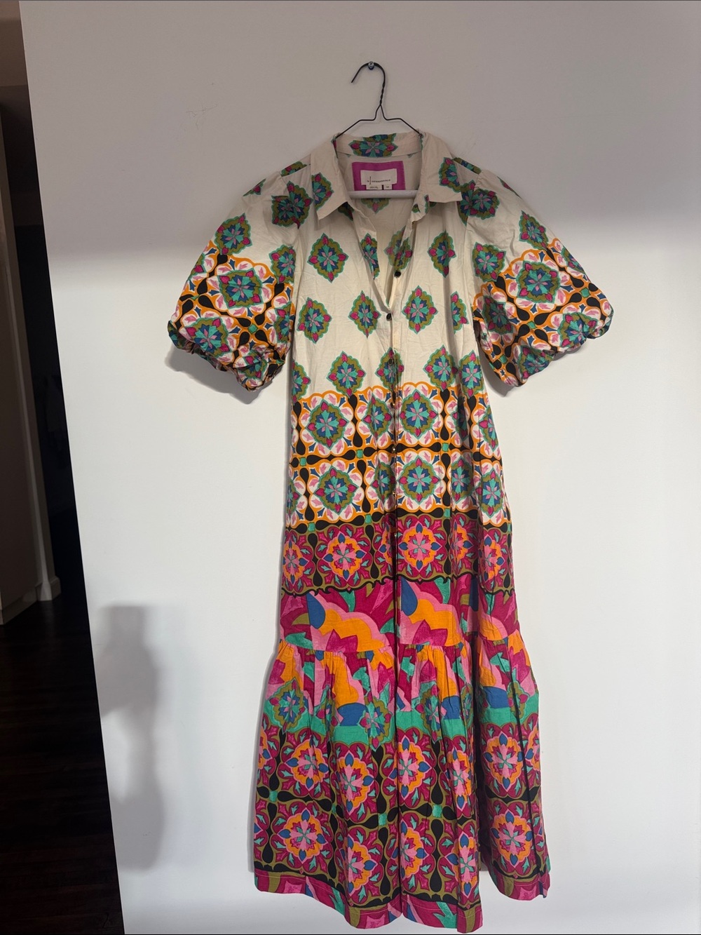 Anthropologie Cream Maxi Dress with Pink, Teal, Orange & Yellow Pattern